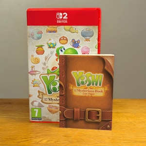 May include: A Nintendo Switch game case with a red spine and a white cover featuring colourful character illustrations and the title Yoshi and the Mysterious Book. In front stands a small brown booklet titled Yoshi and the Mysterious Book Lost Pages.