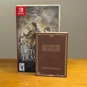 Puede incluir: Un cartucho de juego de Nintendo Switch y un manual de instrucciones para Octopath Traveler. El cartucho de juego presenta un grupo de personajes en un paisaje de fantasía. El manual de instrucciones es marrón con letras doradas y el título "Octopath Traveler" en la portada.