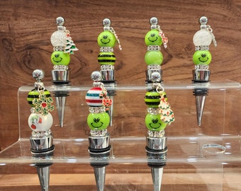 Grinch Christmas Wine Stopper, Snowman, Christmas tree, Beaded Wine Stopper, Wine Stopper, Bubblegum Bead