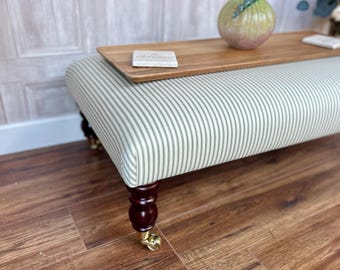 Large upholstered Footstool in ticking fabric coffee table in ticking stripe large footstool. Large ottoman in ticking fabric on castor legs