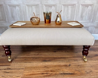Large upholstered Footstool in ticking fabric coffee table in ticking stripe large footstool. Large ottoman in ticking fabric on castor legs