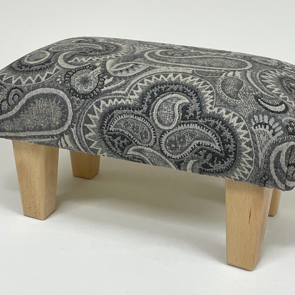 Medium Footstool upholstered. Handmade footstool in grey and ivory wool Paisley pattern uk