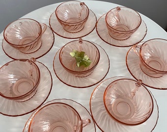 1960s Arcoroc France set of 8 vintage pink depression glass coffee/tea cups and saucers