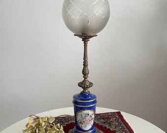 Antique French Brass Table Lamp Floral Flowers Romantic scene French porcelain French antiques