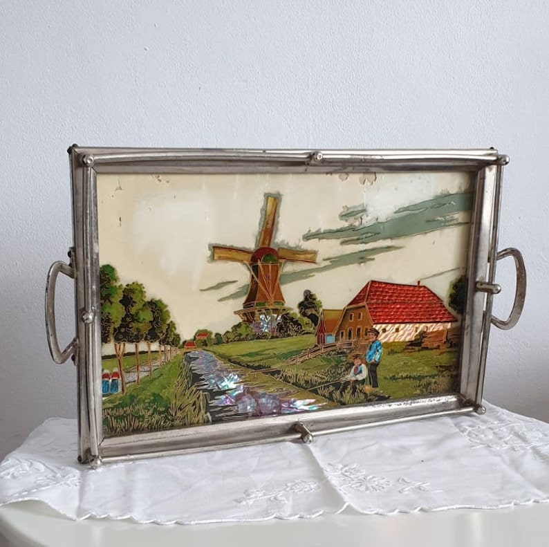 Antique metal tray | handpainted glass tray | Decorative tableware