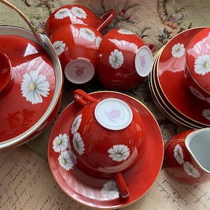 Antik 1920er Noritake Nippon Toki Kaisha Rote Gänseblümchen Chrysantheme Tee Set