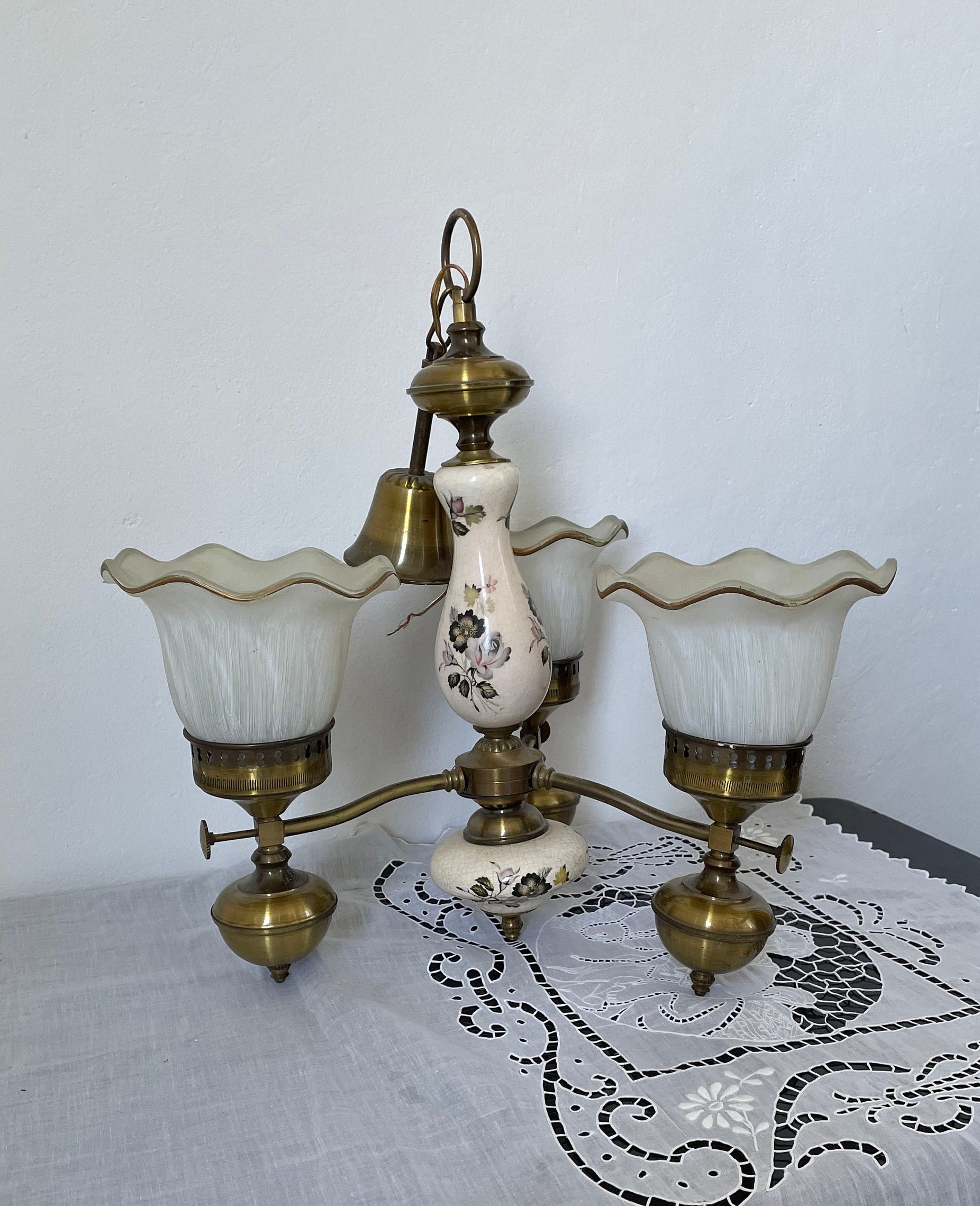 Vintage Porcelain Chandelier  with large glass shades