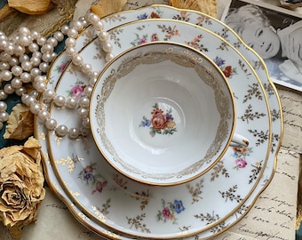 France Tea Cup Flower Set Trio French  porcelain floral teacup