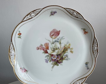 Vintage porcelain cake plate ,gold and roses details .