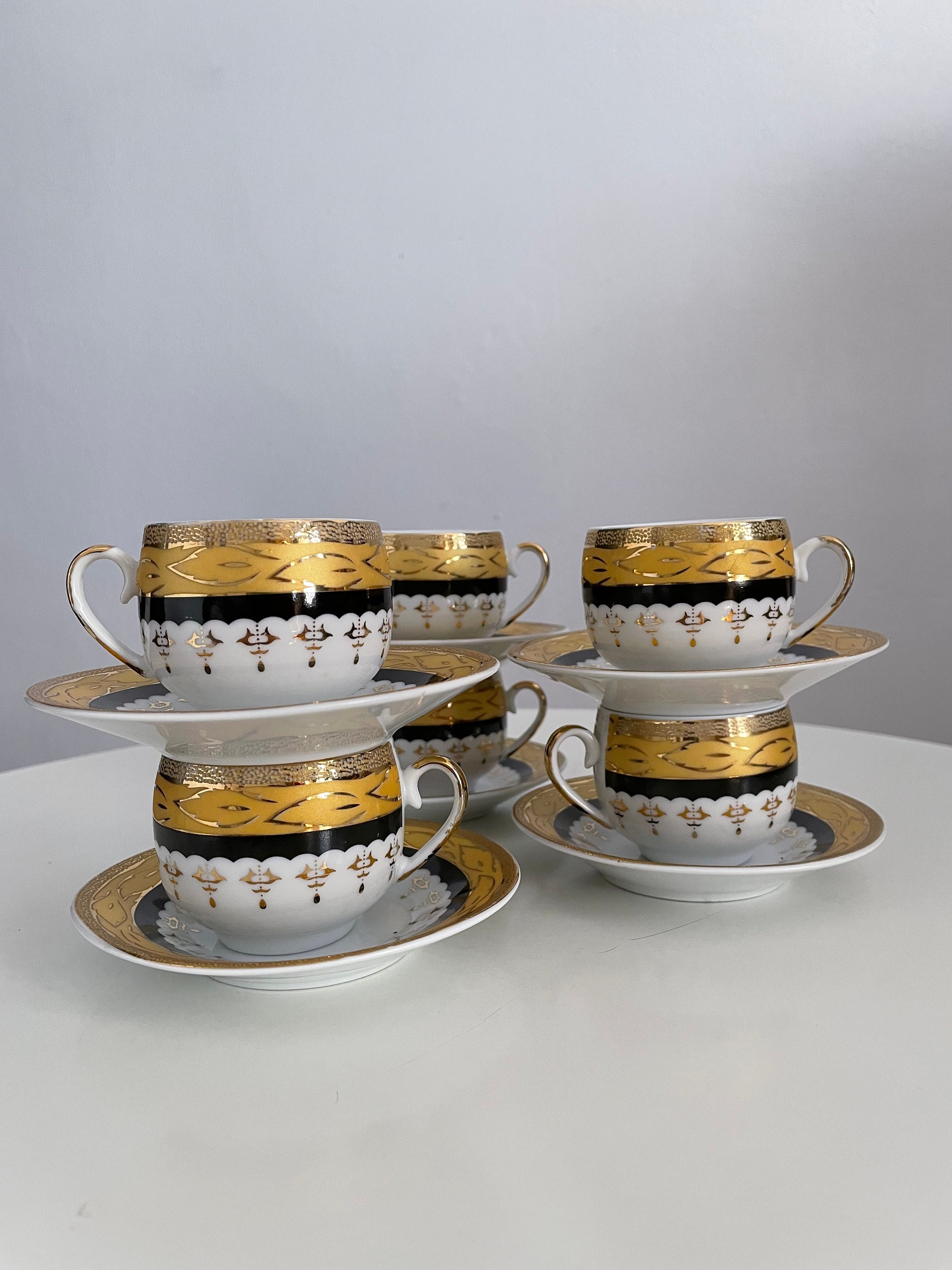 Vintage New in Box Set of 2 Demitasse Cups and Saucers by Keramik Each Cup  Reads Espresso in Gold Script 