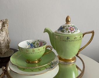 Antieke Minton-triokop en thee-/koffiepot