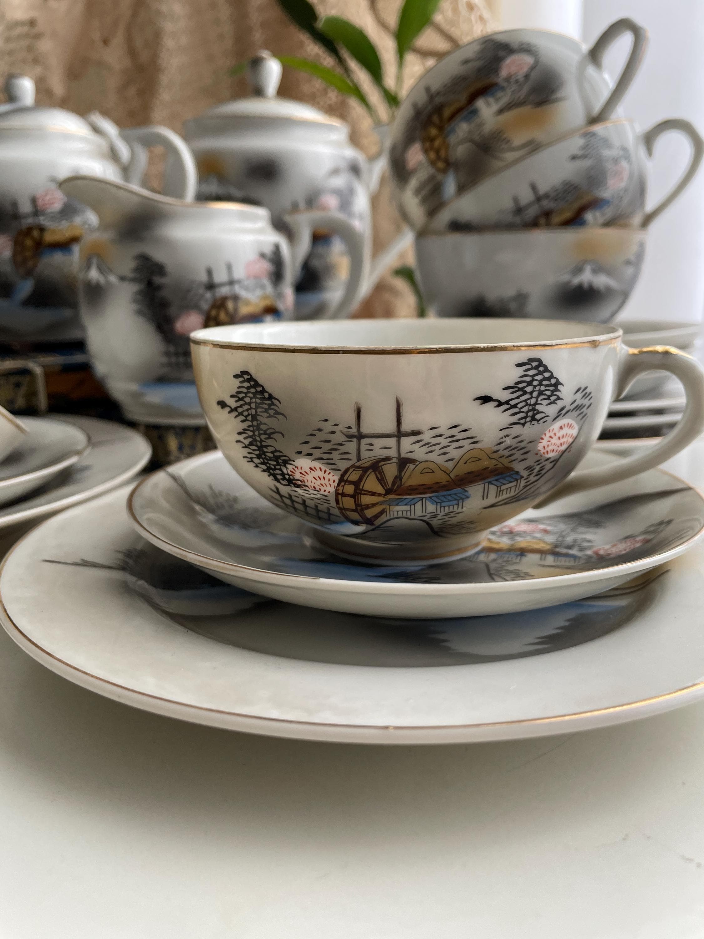 Vintage Japanese Tea Tea Service Set Teapot Geisha Girl Lithophane
