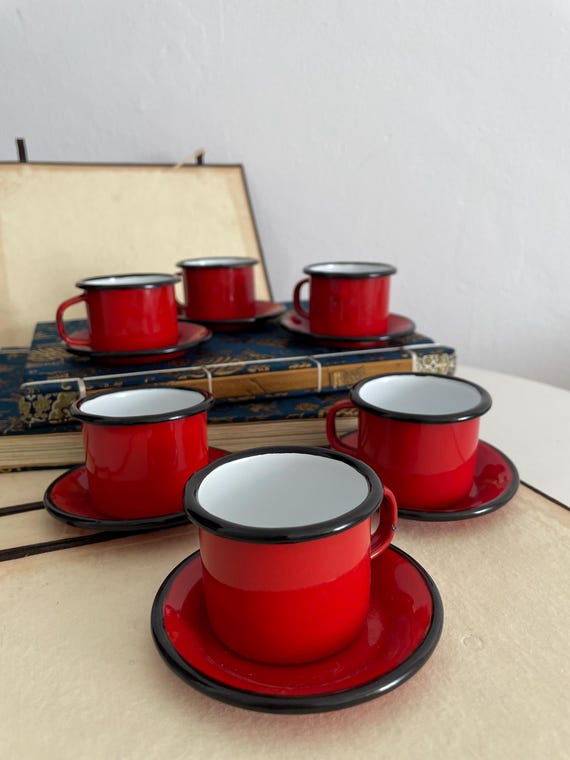 1950s Red Enamel Espresso Coffee Cup Set of 6