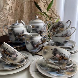 Vintage Japanese tea Tea Service Set Teapot Geisha Girl Lithophane Tea cups Teapot Set Sugar Creamer Set for 5