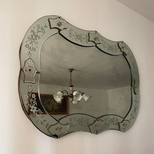 Antique 1930s Venetian Wall Mirror  , Vanity Mirror Scalloped Edge Mirror