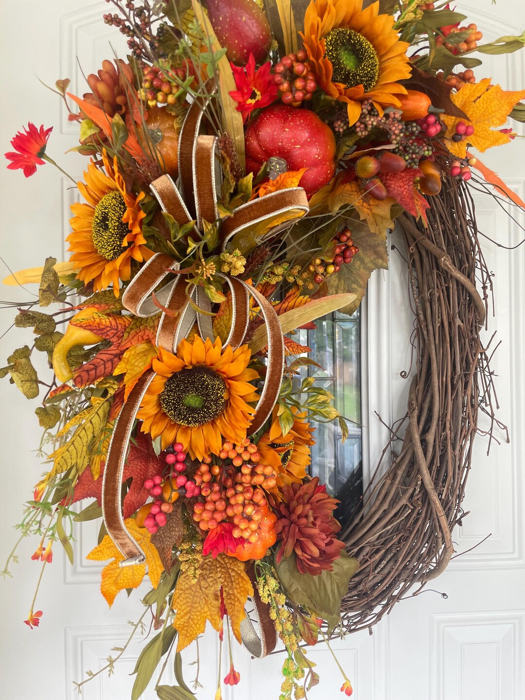 Autumn Harvest Wreath – Fall Door Decor With Vibrant Orange Flowers ...