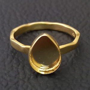 925 Sterling Silver Pear Ring, Gold Plated Hammered Bezel Cup Close Blank Ring, Setting For Making Ring 6x4 MM To 14x21 MM