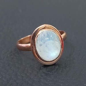 925 Sterling Silber Statement Ring, Rosévergoldet Natürlicher REGENBOGEN MONDSTEIN Oval Silberring, Mondstein Cabochon, Stein Silberring