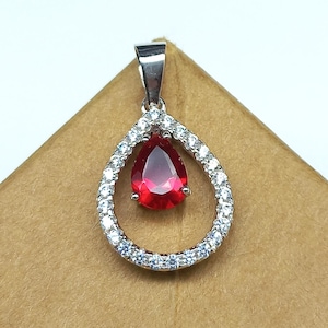 925 Sterling Silver Red Cubic Zirconia Pendant, 6X4 MM Eye Clean Red Cubic Zirconia Pendant For Gift, Awesome Birthday Gift For Her