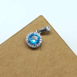 925 Sterling Silver Cubic Zirconia Pendant, 6MM Genuine Sky Blue Cubic Zirconia, High Silver Jewelry Pendant Charm, Gift for Her