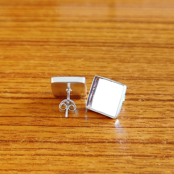 925 Sterling Silver Plain Bezel Close Blank Collet Square Stud Earring, Setting For Making Earring 3x3 MM To 40X40 MM, DIY Jewelry Supplies