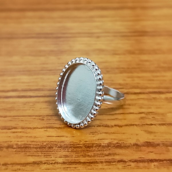 925 Sterling Silver Collet Oval Ring, Beaded Bezel Cup Close Blank Ring, Setting For Making Ring 6x4 MM To 20x25 MM, DIY Jewelry Supplies