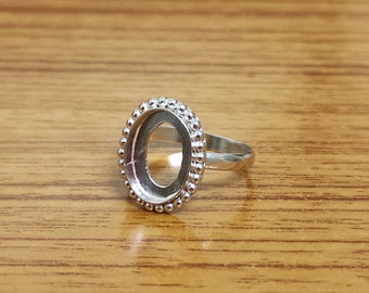 925 Sterling Silver Collet Oval Ring, Beaded Bezel Cup Open Blank Ring, Setting For Making Ring 6x4 MM To 30x35 MM, DIY Jewelry Supplies