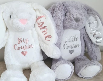 Cousins Personalised Soft Toy Bunny Teddy Gift Little Big Cousin Baby Birthday Present