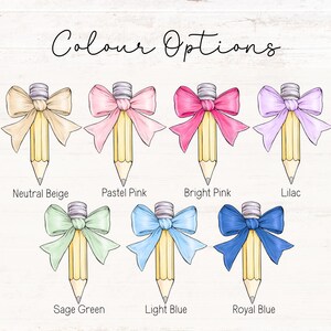 May include: Color options for a personalized pencil with a bow. The colors are: Neutral Beige, Pastel Pink, Bright Pink, Lilac, Sage Green, Light Blue, and Royal Blue.
