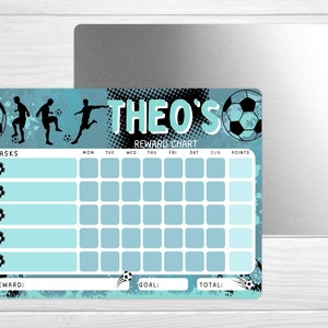 May include: A blue and white football-themed reward chart with the name "Theo's" at the top. The chart has spaces for tasks, days of the week, points, a reward section, a goal section, and a total points section.
