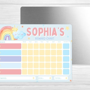 May include: A blue and yellow reward chart featuring a rainbow, sun, and cloud design. The chart is labelled "Sophia's Reward Chart" and has spaces for tasks, days of the week, points, reward, goal, and total.
