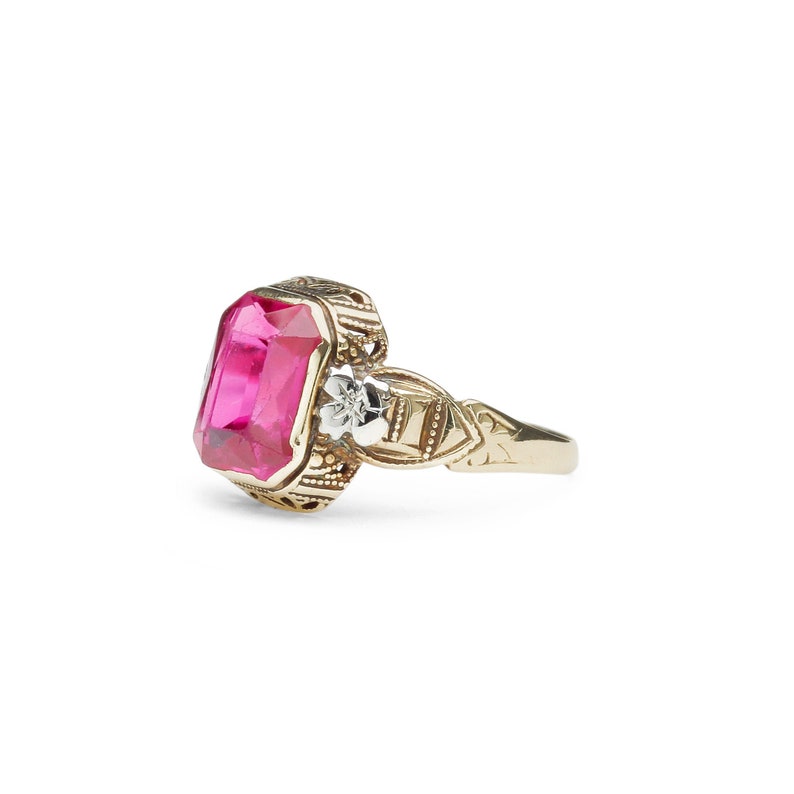 Art Deco Engraved Antique Art Deco 10k Yellow Gold Lab Pink Topaz Filigree Ring w White Gold Floral Accent Size 3.5