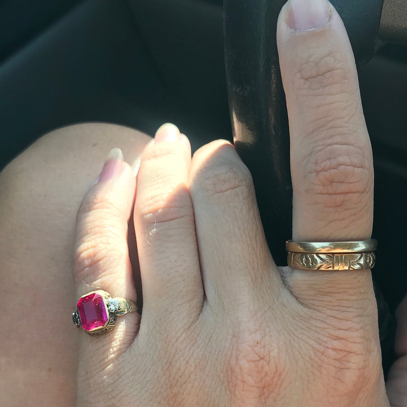 Art Deco Engraved Antique Art Deco 10k Yellow Gold Lab Pink Topaz Filigree Ring w White Gold Floral Accent Size 3.5