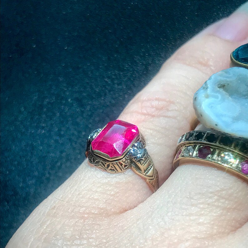Art Deco Engraved Antique Art Deco 10k Yellow Gold Lab Pink Topaz Filigree Ring w White Gold Floral Accent Size 3.5