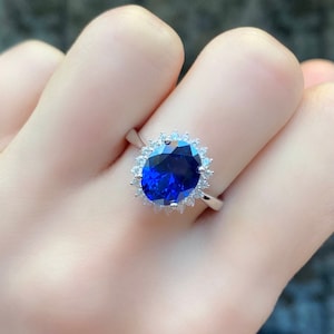 LAST SIZES! 3 Carat Blue Sapphire Ring, Halo Ring, Oval Ring, Blue Gemstone Ring, Lady Diana Ring, Sterling Silver, September Birthstone