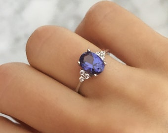 Genuine TANZANITE Ring Sterling Silver Oval Tanzanite and Diamond Ring, Tanzanite Engagement Ring, Purple Blue Gemstone Ring