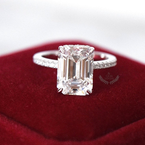 EMERALD CUT DIAMOND Engagement Ring, 5 Carats Simulated Diamond Ring, Hidden Halo Ring, Promise Ring, Anniversary Gift for Her