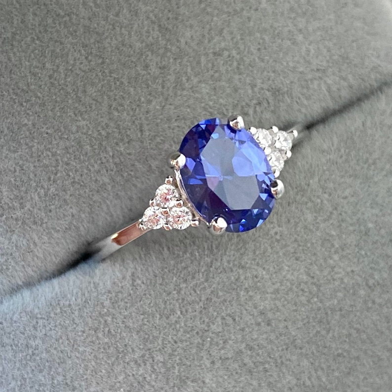 Genuine TANZANITE Ring Sterling Silver Oval Tanzanite and Diamond Ring, Tanzanite Engagement Ring, Purple Blue Gemstone Ring image 3