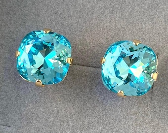 Orecchini TURCHESE, Orecchini blu acquamarina, Orecchini da sposa, Orecchini a perno con cristalli austriaci, Qualcosa di blu, Cuscino quadrato, Argento, Oro, Rosa