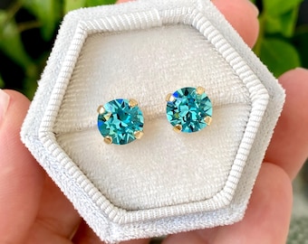 Pendientes de botón azul turquesa, pendientes azul aguamarina, pendientes de boda, pendientes de botón de cristal Swarovski, algo azul, 8 mm, plata, oro, rosa