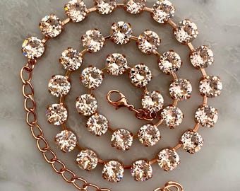 CHAMPAGNE BLUSH Rose Gold Bridal Crystal Necklace, Blush Rose Gold Champagne Crystal Tennis Choker Necklace, Bridal Jewelry, Wedding, Gift