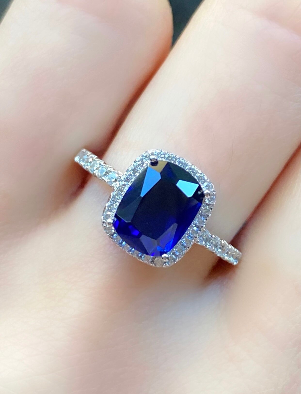 LAST SIZES Cushion Cut Sapphire Ring Halo Engagement Ring | Etsy