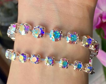AURORA BOREALIS Crystal Bracelet Silver Rose Gold, Austrian Crystal Tennis Bracelet, Dainty, AB, Iridescent, Sparkly, Trendy, Girly, Gifts