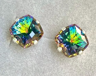 MAGICAL Square Swarovski Crystal Stud Earrings, Dark Rainbow Earrings, Silver Plated, Multi Color Shifting, 10mm Studs, Unique Gift for Her