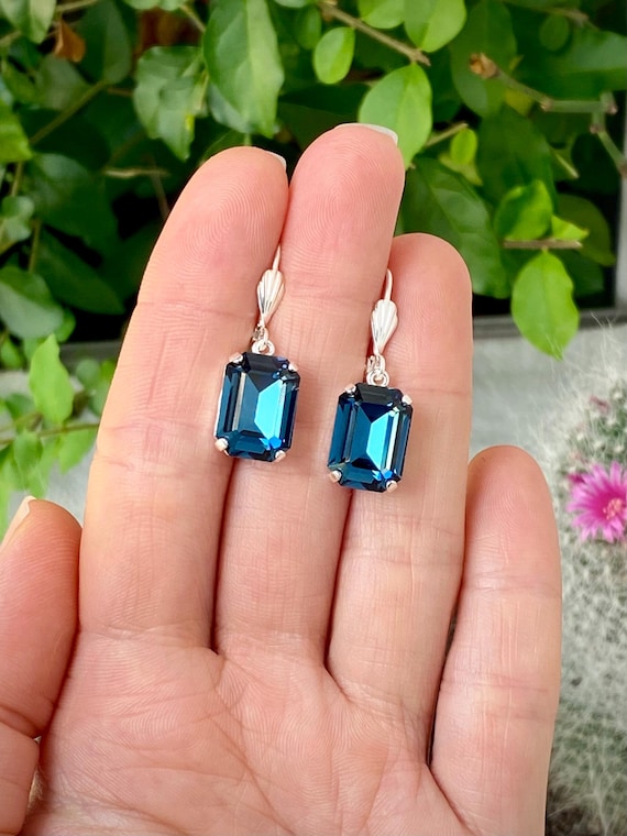 Montana Sapphire Emerald Cut Earrings, Austrian Crystal, Silver
