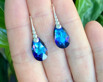 PURPLE BLUE Swarovski Crystal Drop Earrings, 925 Sterling Silver Leverback Style