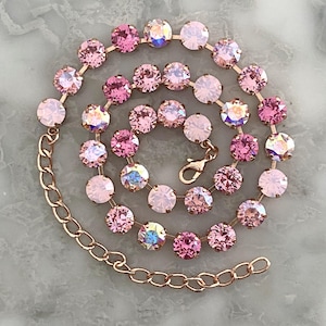 BLUSH PINK Rose Gold Crystal Tennis Necklace, Swarovski Pink Crystal Necklace, Ombre Pink Opal, Blush Pink, Fuchsia, Layering, Sparkly