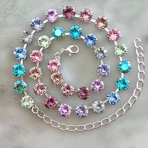 Rainbow Pastel Ombre Crystal Tennis Necklace, Pink, Blush, Lilac, Violet, Purple, Aqua Blue, Mint Green, Autumn, Fall, Spring, Sparkling