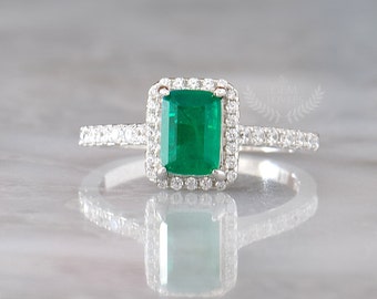 LAST SIZES! Emerald Cut Emerald Ring for Women, Natural Emerald Engagement Ring, Dainty Emerald Ring, Halo Ring, Antique Vintage Ring, Gifts