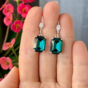 LAST PAIR!  Emerald Cut Emerald Earrings, Emerald Bridal Earrings, Silver Crystal Dangle Drop Earrings, Austrian Crystal Earrings, Art deco